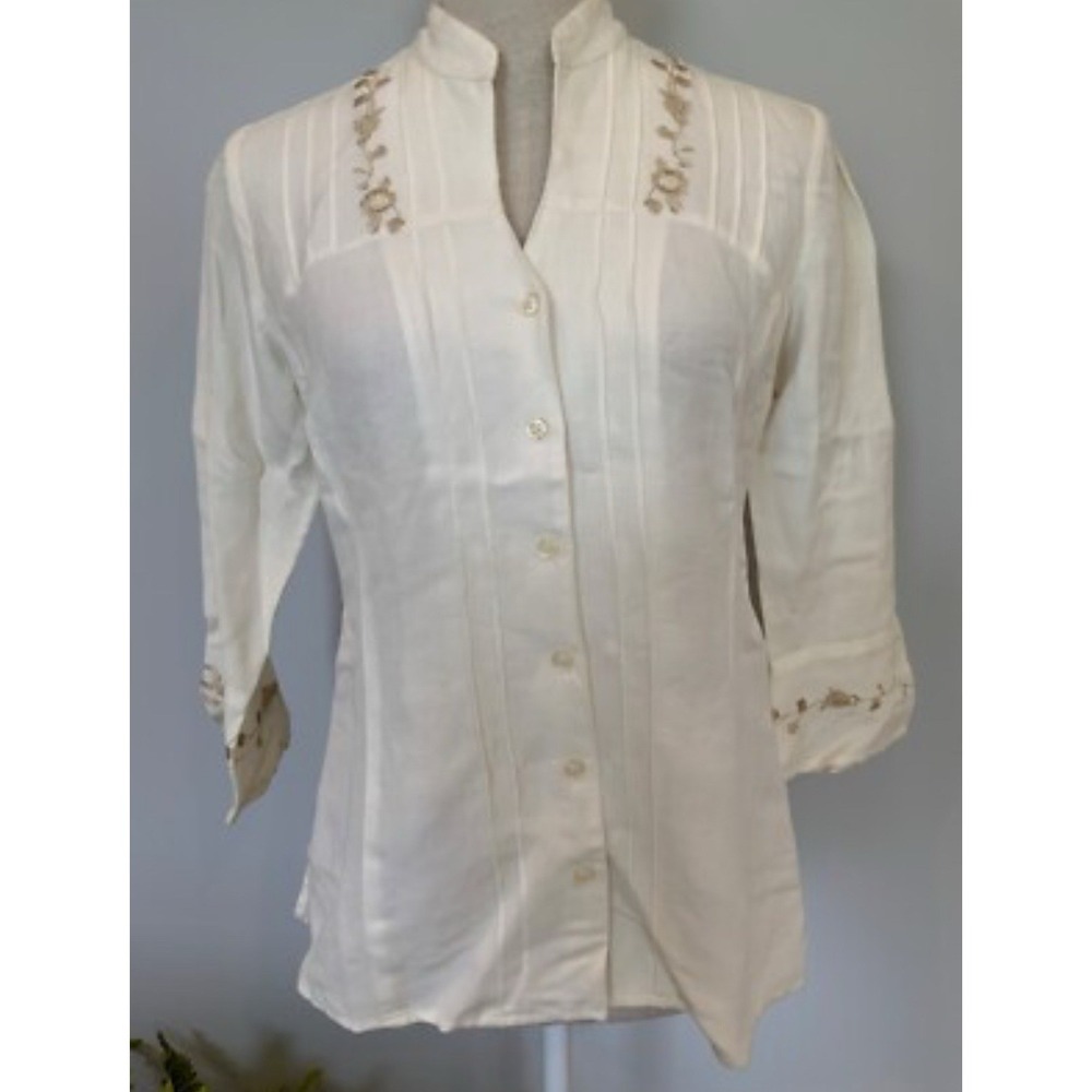 Emma James Linen Blend Blouse Size 20W Cream Button Down Embroidered 3/4 Sleeves